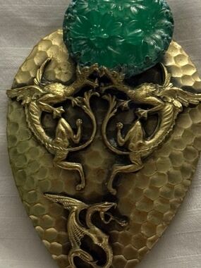 Vintage Brass 1930s Art Deco Dragon Terrarium Accent with Green Gem